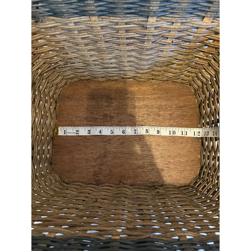 Vintage Woven Wicker Picnic Basket Two Tone Brown Hinged Lid Wood Base Handles